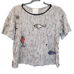 Alegre Hand Painted Fish Nautical Cape Stripe Artsy Cropped Top Size Medium